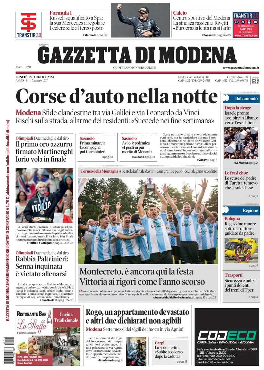 Prima-pagina-gazzetta di modena-oggi-edizione-del-2024-07-29